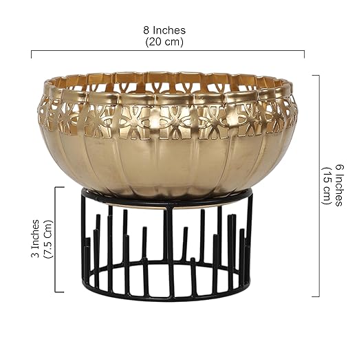 Two Moustaches 8 Inches Ethnic Design Decorative Metal Urli Bowl with Stand, Urli Bowl for Home Decor, Flowers Decoration Bowl, Bowl for Floating Flowers,Housewarming Gifts, Black & Golden, Pack of 1