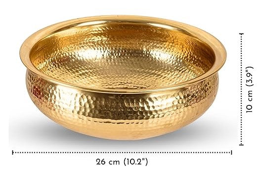 BEHOMA Classic Golden Aluminium Hammered 10" inch Urli | Navratri Durga Puja Indoor Outdoor Center Table Flower Decorative Bowl | Urali for Haldi, Mehandi, Wedding & Home Decor, Brass Finish 1Pc, 2l