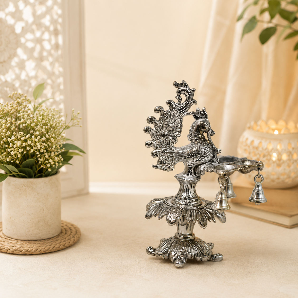 Handcrafted Metal Peacock Oil Lamp with Hanging Bells | Decorative Peacock Diya for Home Temple, Pooja Room, Diwali Decor, Aarti Lamp, Housewarming & Spiritual Gift