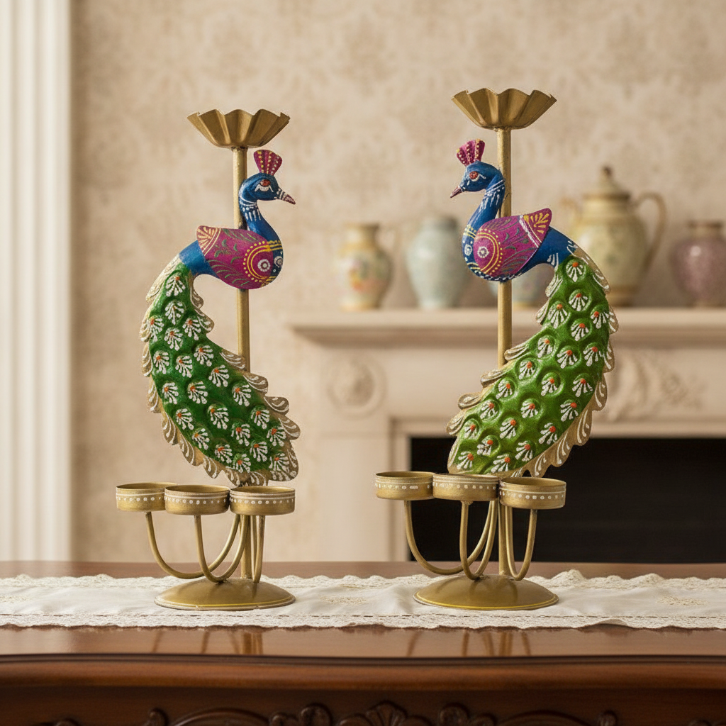 Elegant Metal Peacock Candle Holder -for Home Decoration Diwali, Intricate Design Tealight Candle Holders for Home Diwali Decor, Handpainted Tealight Candle Holder (Double Side)