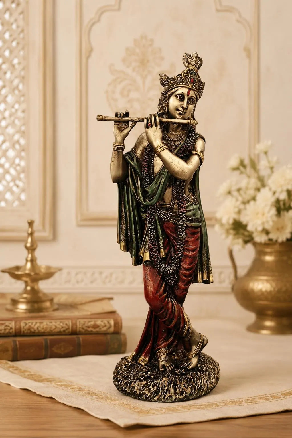 Lord Krishna Flute Playing Statue, Hand-Painted Resin Hindu Idol, Spiritual Home Temple Decor