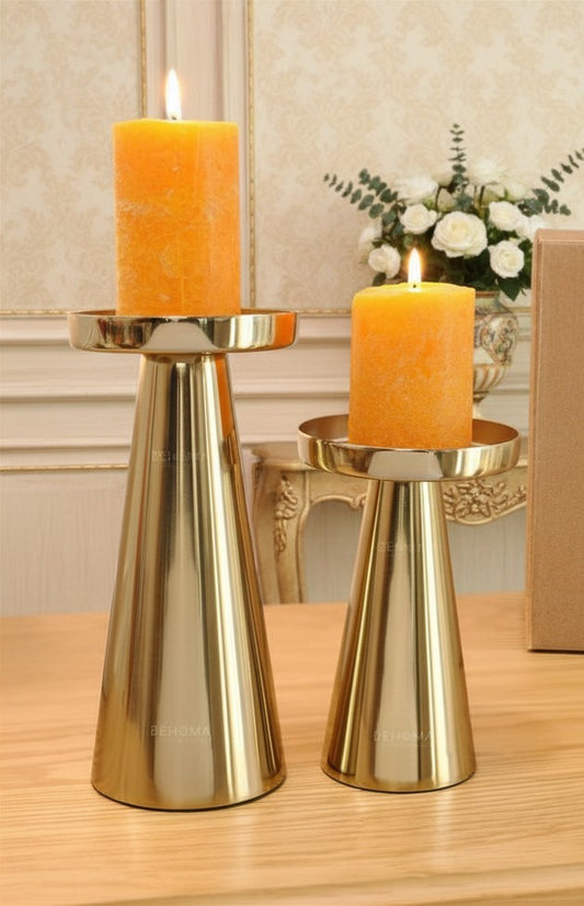 Behoma Solid Large Metal Pillar Candle Holders with Gift Box | Centerpieces for Home Decor Coffee Table | Candles Stand for Wedding Gift, Housewarming | Golden, Set of 2 (Candles are not Included)