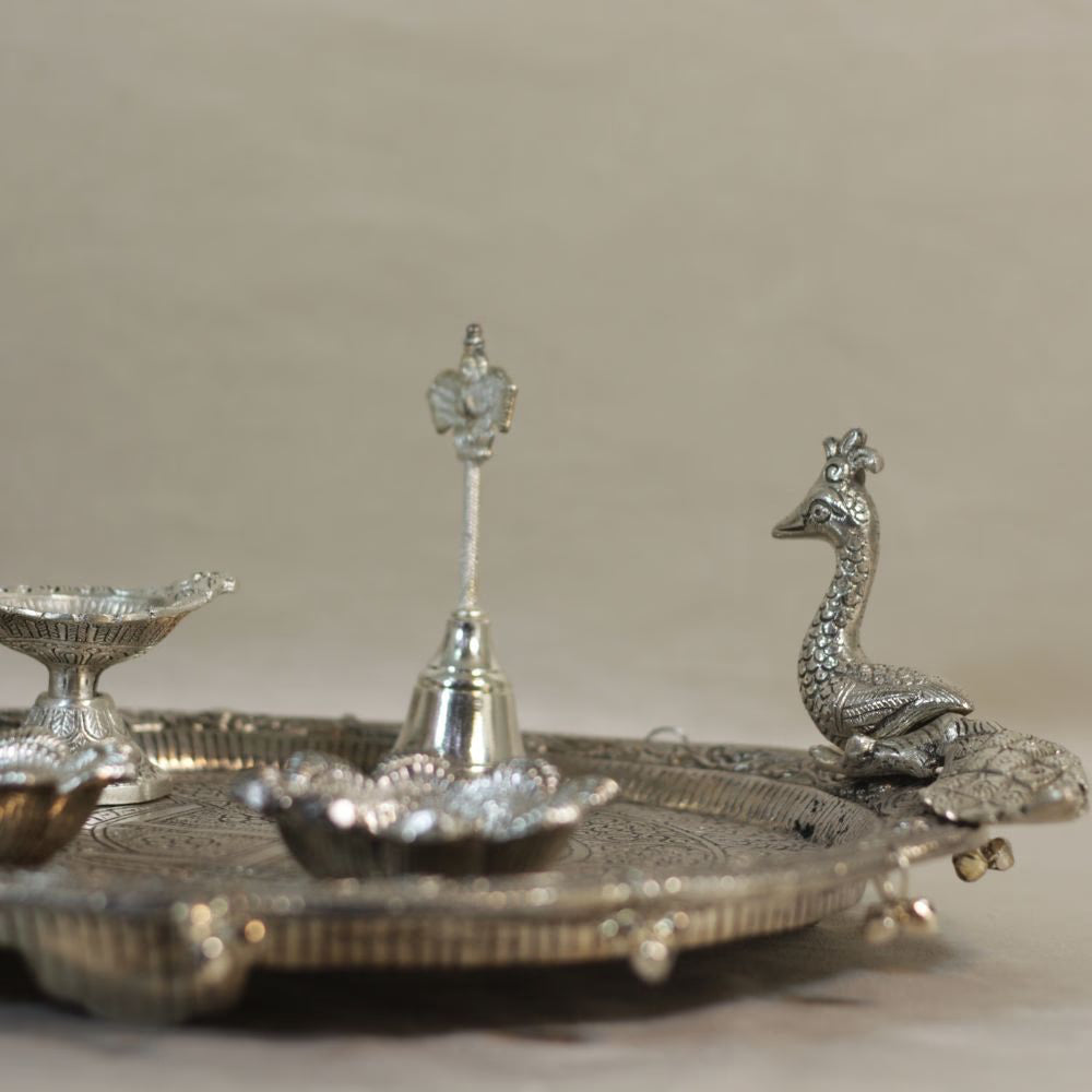 Handcrafted Metal Pooja Thali Set with Diya, Bell & Peacock Accent | Decorative Prayer Plate for Home Temple, Aarti, Diwali, Festivals & Spiritual Gift