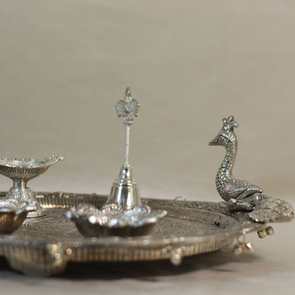 Handcrafted Metal Pooja Thali Set with Diya, Bell & Peacock Accent | Decorative Prayer Plate for Home Temple, Aarti, Diwali, Festivals & Spiritual Gift
