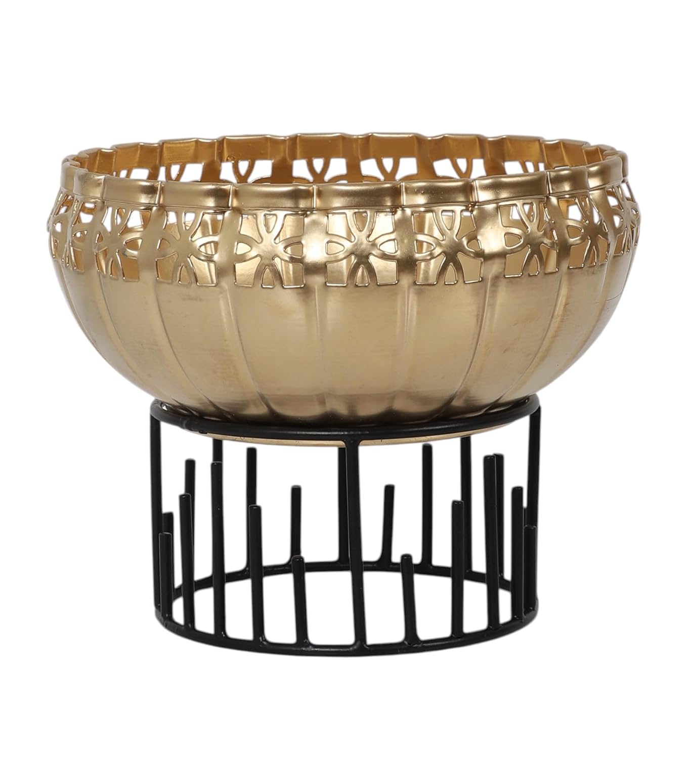 Two Moustaches 8 Inches Ethnic Design Decorative Metal Urli Bowl with Stand, Urli Bowl for Home Decor, Flowers Decoration Bowl, Bowl for Floating Flowers,Housewarming Gifts, Black & Golden, Pack of 1