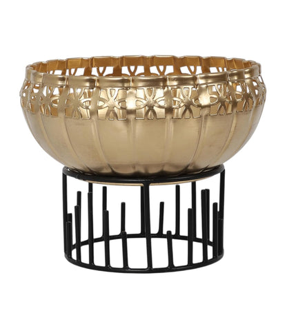 Two Moustaches 8 Inches Ethnic Design Decorative Metal Urli Bowl with Stand, Urli Bowl for Home Decor, Flowers Decoration Bowl, Bowl for Floating Flowers,Housewarming Gifts, Black & Golden, Pack of 1