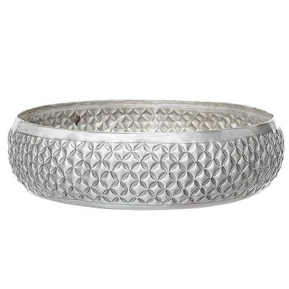 eCraftIndia Floral Silver Metal Urli Bowl for Home Decoration Office Tv Unit Kitchen Showpiece for Good Luck | Urli for Floating Candles Flowers for Pooja Room Entryway Living Room Diwali Gift