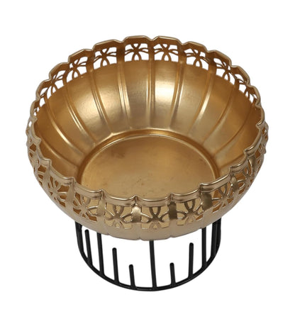 Two Moustaches 8 Inches Ethnic Design Decorative Metal Urli Bowl with Stand, Urli Bowl for Home Decor, Flowers Decoration Bowl, Bowl for Floating Flowers,Housewarming Gifts, Black & Golden, Pack of 1