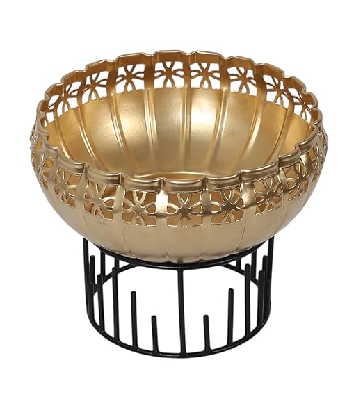 Two Moustaches 8 Inches Ethnic Design Decorative Metal Urli Bowl with Stand, Urli Bowl for Home Decor, Flowers Decoration Bowl, Bowl for Floating Flowers,Housewarming Gifts, Black & Golden, Pack of 1