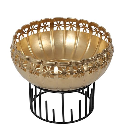 Two Moustaches 8 Inches Ethnic Design Decorative Metal Urli Bowl with Stand, Urli Bowl for Home Decor, Flowers Decoration Bowl, Bowl for Floating Flowers,Housewarming Gifts, Black & Golden, Pack of 1