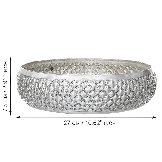 eCraftIndia Floral Silver Metal Urli Bowl for Home Decoration Office Tv Unit Kitchen Showpiece for Good Luck | Urli for Floating Candles Flowers for Pooja Room Entryway Living Room Diwali Gift