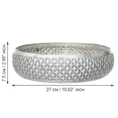 eCraftIndia Floral Silver Metal Urli Bowl for Home Decoration Office Tv Unit Kitchen Showpiece for Good Luck | Urli for Floating Candles Flowers for Pooja Room Entryway Living Room Diwali Gift