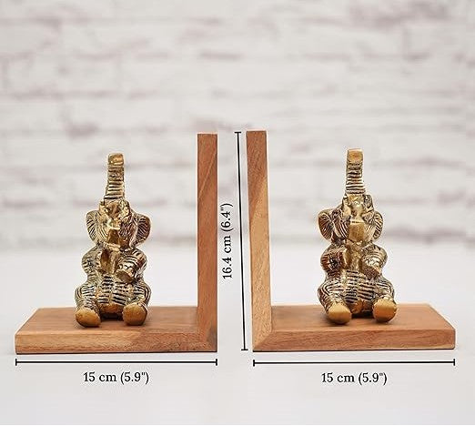 BEHOMA Elephant Bookends Set for Shelves | Premium Wooden Base with Aluminium Elephant Figurines | Heavy Book Stoppers for Kids Room, Home, Office | Perfect Birthday & Valentine’s Day Gift for Men