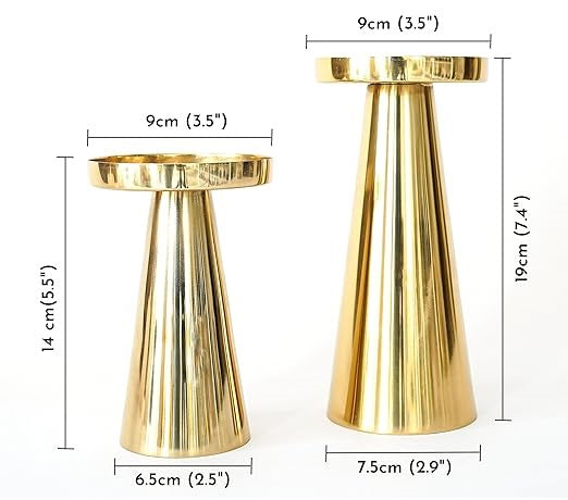 Behoma Solid Large Metal Pillar Candle Holders with Gift Box | Centerpieces for Home Decor Coffee Table | Candles Stand for Wedding Gift, Housewarming | Golden, Set of 2 (Candles are not Included)