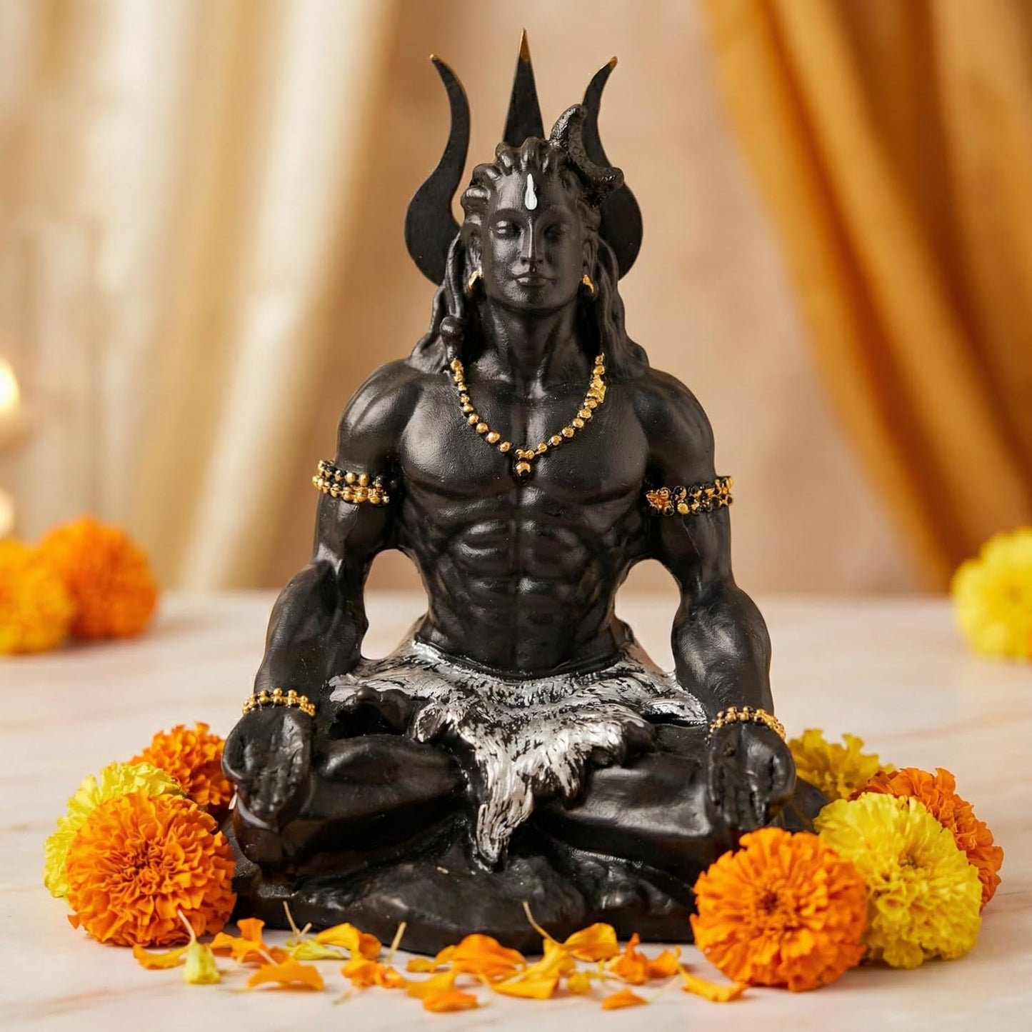 Adiyogi Shiva Statue | Matte Black Resin Murti, Hindu Temple Decor