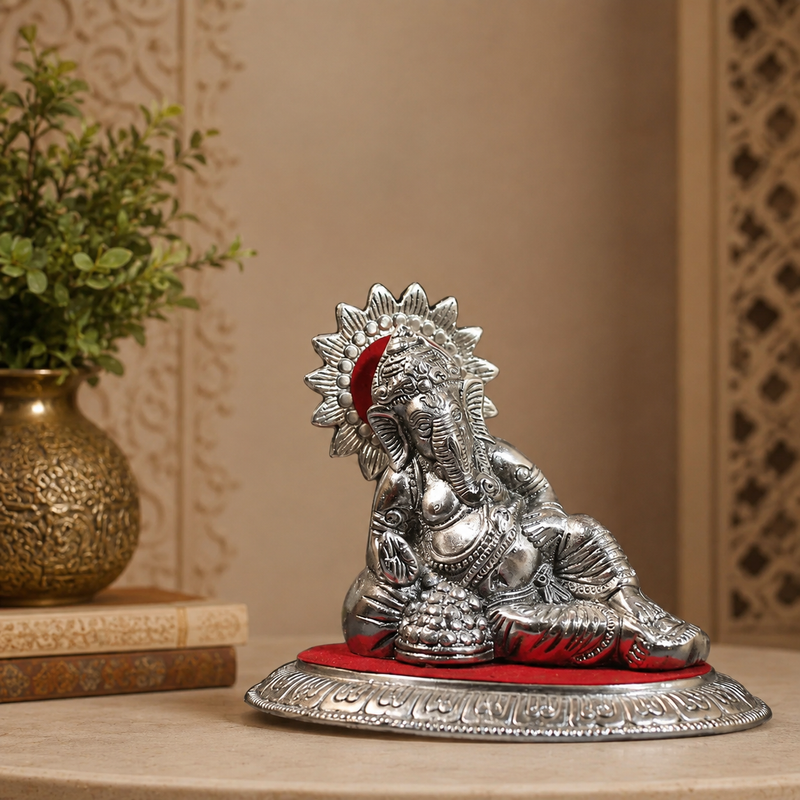 Handcrafted Metal Reclining Lord Ganesha Idol Statue | Decorative Ganesh Murti for Home Temple, Office Desk, Living Room, Diwali Decor, Housewarming & Spiritual Gift