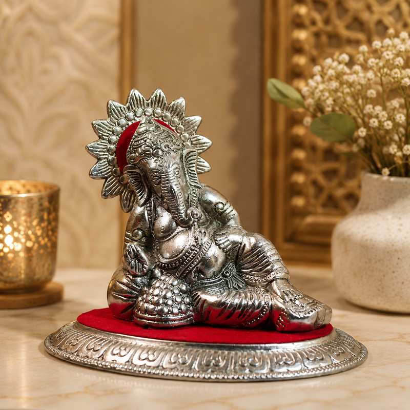 Handcrafted Metal Reclining Lord Ganesha Idol Statue | Decorative Ganesh Murti for Home Temple, Office Desk, Living Room, Diwali Decor, Housewarming & Spiritual Gift