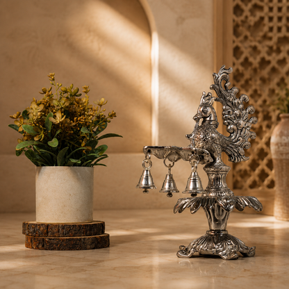 Handcrafted Metal Peacock Oil Lamp with Hanging Bells | Decorative Peacock Diya for Home Temple, Pooja Room, Diwali Decor, Aarti Lamp, Housewarming & Spiritual Gift