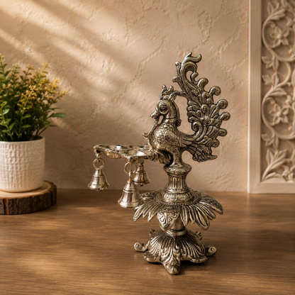 Handcrafted Metal Peacock Oil Lamp with Hanging Bells | Decorative Peacock Diya for Home Temple, Pooja Room, Diwali Decor, Aarti Lamp, Housewarming & Spiritual Gift