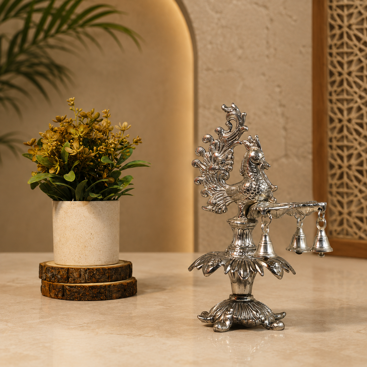 Handcrafted Metal Peacock Oil Lamp with Hanging Bells | Decorative Peacock Diya for Home Temple, Pooja Room, Diwali Decor, Aarti Lamp, Housewarming & Spiritual Gift