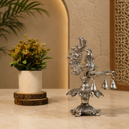 Handcrafted Metal Peacock Oil Lamp with Hanging Bells | Decorative Peacock Diya for Home Temple, Pooja Room, Diwali Decor, Aarti Lamp, Housewarming & Spiritual Gift