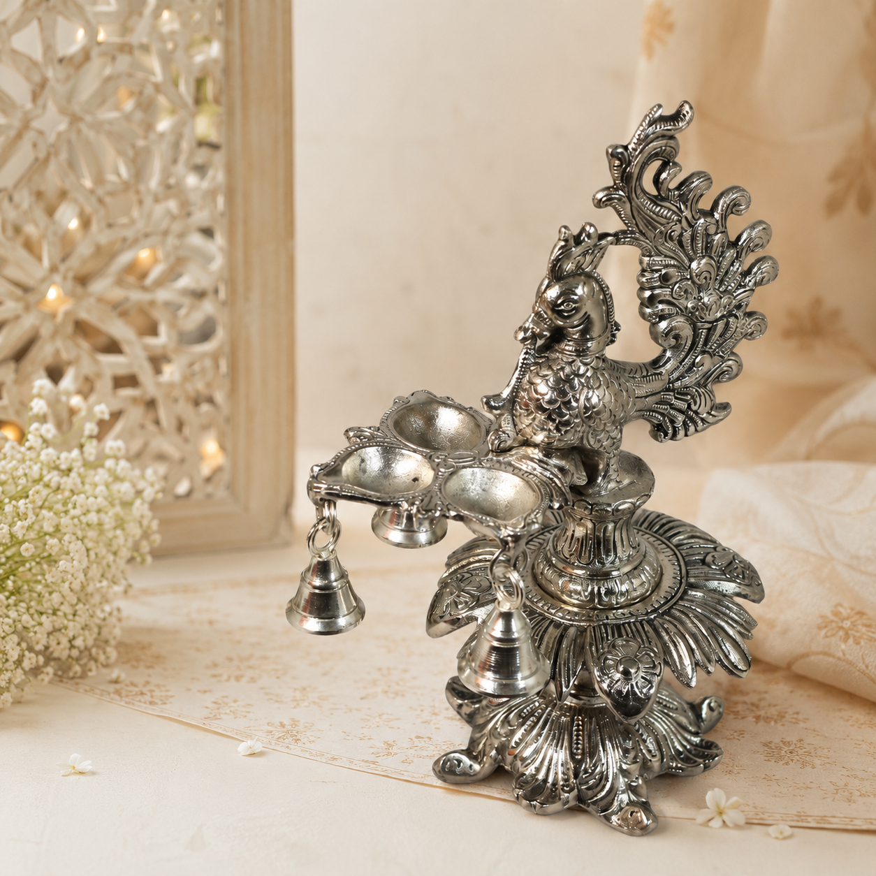 Handcrafted Metal Peacock Oil Lamp with Hanging Bells | Decorative Peacock Diya for Home Temple, Pooja Room, Diwali Decor, Aarti Lamp, Housewarming & Spiritual Gift