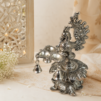 Handcrafted Metal Peacock Oil Lamp with Hanging Bells | Decorative Peacock Diya for Home Temple, Pooja Room, Diwali Decor, Aarti Lamp, Housewarming & Spiritual Gift