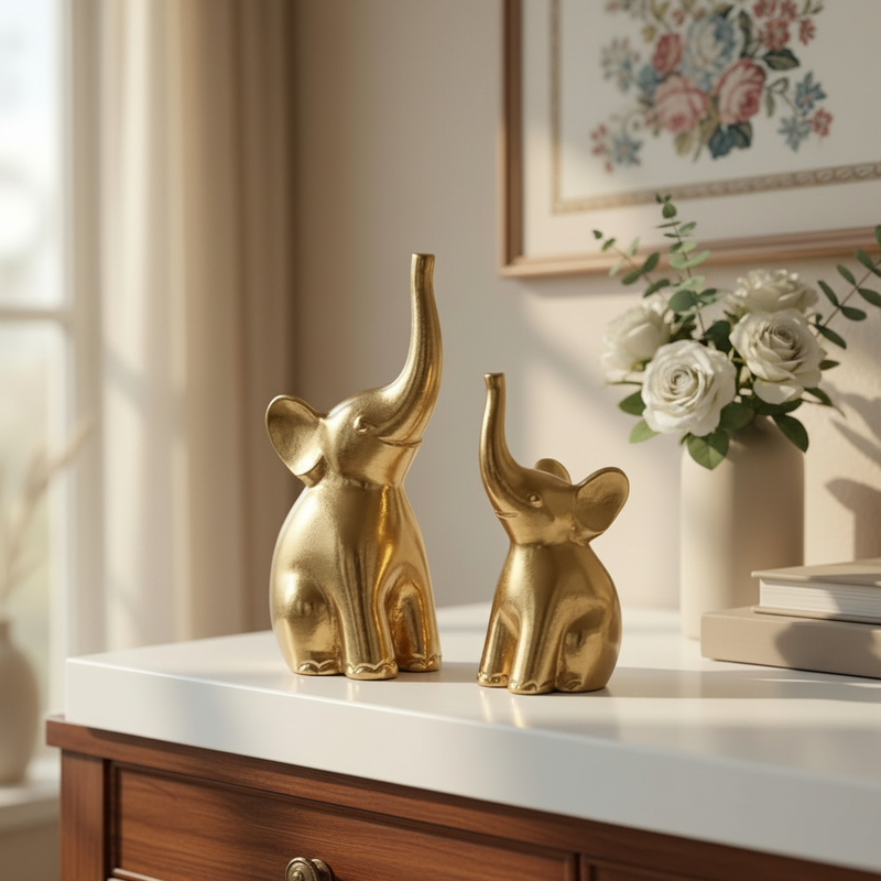 Aluminium Elephant Set of 2 Decorative Figurine Showpiece with Gift Box | Elegant Modern Tabletop Art for Living Room, Office, Bedroom, Shelf Display | Home Decor Accent (Large + Medium)