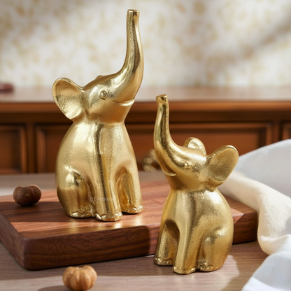 BEHOMA Aluminium Elephant Set of 2 Decorative Figurine Showpiece with Gift Box | Elegant Modern Tabletop Art for Living Room, Office, Bedroom, Shelf Display | Home Decor Accent (Large + Medium)