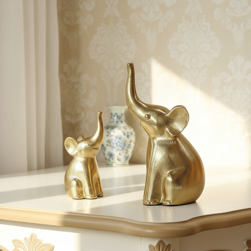 BEHOMA Aluminium Elephant Set of 2 Decorative Figurine Showpiece with Gift Box | Elegant Modern Tabletop Art for Living Room, Office, Bedroom, Shelf Display | Home Decor Accent (Large + Medium)