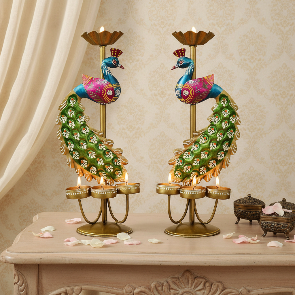 CraftVatika Elegant Metal Peacock Candle Holder -for Home Decoration Diwali, Intricate Design Tealight Candle Holders for Home Diwali Decor, Handpainted Tealight Candle Holder (Double Side)
