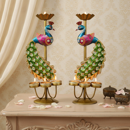 CraftVatika Elegant Metal Peacock Candle Holder -for Home Decoration Diwali, Intricate Design Tealight Candle Holders for Home Diwali Decor, Handpainted Tealight Candle Holder (Double Side)