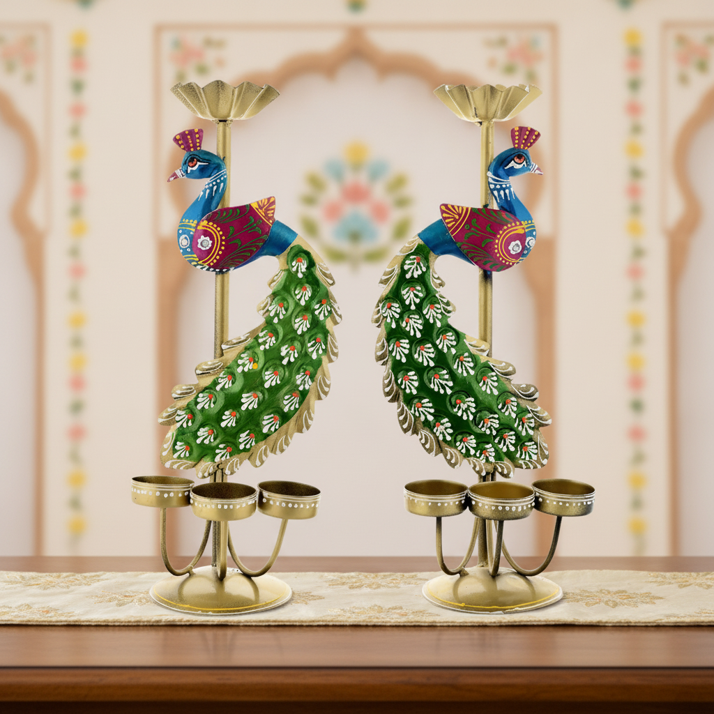 CraftVatika Elegant Metal Peacock Candle Holder -for Home Decoration Diwali, Intricate Design Tealight Candle Holders for Home Diwali Decor, Handpainted Tealight Candle Holder (Double Side)