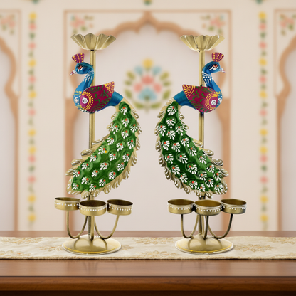 CraftVatika Elegant Metal Peacock Candle Holder -for Home Decoration Diwali, Intricate Design Tealight Candle Holders for Home Diwali Decor, Handpainted Tealight Candle Holder (Double Side)