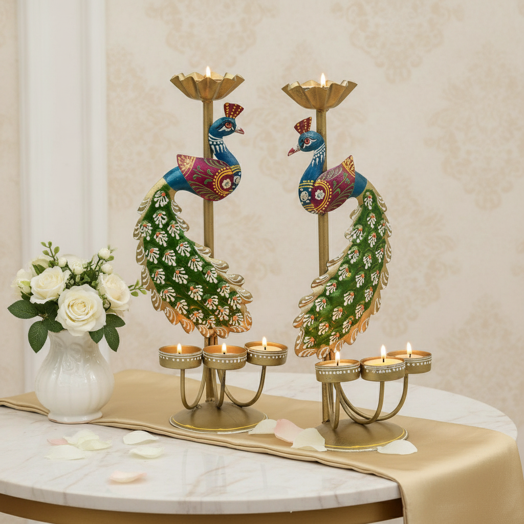 CraftVatika Elegant Metal Peacock Candle Holder -for Home Decoration Diwali, Intricate Design Tealight Candle Holders for Home Diwali Decor, Handpainted Tealight Candle Holder (Double Side)