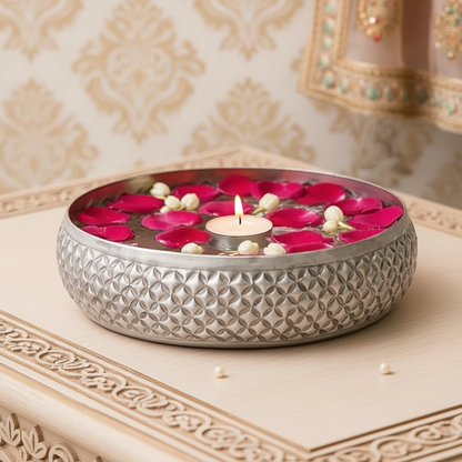 eCraftIndia Floral Silver Metal Urli Bowl for Home Decoration Office Tv Unit Kitchen Showpiece for Good Luck | Urli for Floating Candles Flowers for Pooja Room Entryway Living Room Diwali Gift