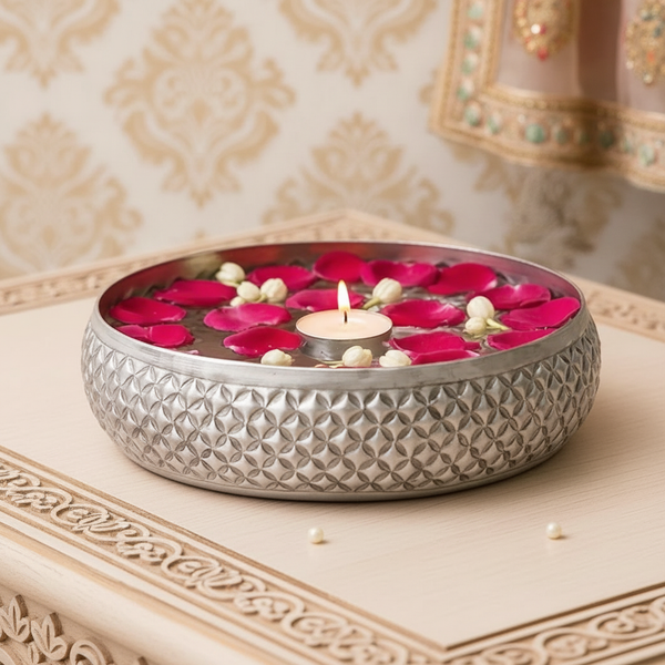Floral Silver Metal Urli Bowl for Home Decoration Office Tv Unit Kitchen Showpiece for Good Luck | Urli for Floating Candles Flowers for Pooja Room Entryway Living Room Diwali Gift