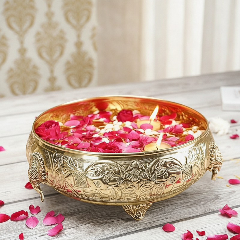 Ethnic Carved Elephant Design 12 Inch Brass Urli Decor Bowl, Golden Center Table Flower Decorative Bowl for Home Decor, Urali for Diwali, Navratri Pooja, Durga Puja & Deepawali Decoration, 1 pc