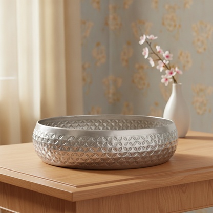eCraftIndia Floral Silver Metal Urli Bowl for Home Decoration Office Tv Unit Kitchen Showpiece for Good Luck | Urli for Floating Candles Flowers for Pooja Room Entryway Living Room Diwali Gift