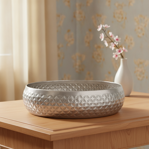Floral Silver Metal Urli Bowl for Home Decoration Office Tv Unit Kitchen Showpiece for Good Luck | Urli for Floating Candles Flowers for Pooja Room Entryway Living Room Diwali Gift
