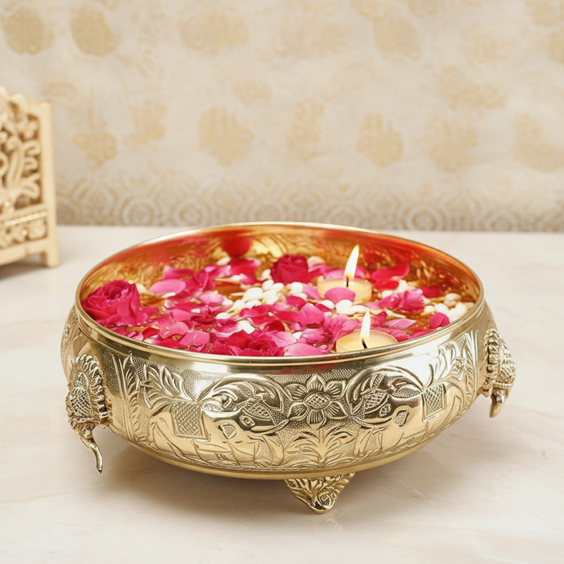 Ethnic Carved Elephant Design 12 Inch Brass Urli Decor Bowl, Golden Center Table Flower Decorative Bowl for Home Decor, Urali for Diwali, Navratri Pooja, Durga Puja & Deepawali Decoration, 1 pc