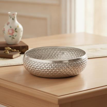 eCraftIndia Floral Silver Metal Urli Bowl for Home Decoration Office Tv Unit Kitchen Showpiece for Good Luck | Urli for Floating Candles Flowers for Pooja Room Entryway Living Room Diwali Gift