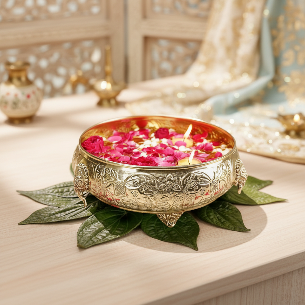 Click to see full view   2 VIDEOS     4+ BEHOMA Ethnic Carved Elephant Design 12 Inch Brass Urli Decor Bowl, Golden Center Table Flower Decorative Bowl for Home Decor, Urali for Diwali, Navratri Pooja, Durga Puja & Deepawali Decoration, 1 pc