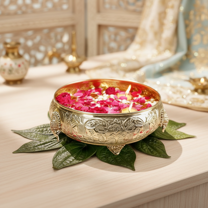 Click to see full view   2 VIDEOS     4+ BEHOMA Ethnic Carved Elephant Design 12 Inch Brass Urli Decor Bowl, Golden Center Table Flower Decorative Bowl for Home Decor, Urali for Diwali, Navratri Pooja, Durga Puja & Deepawali Decoration, 1 pc