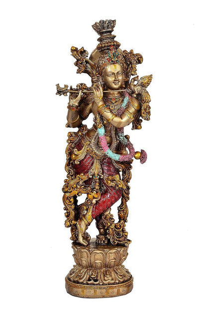 Handmade Resin Krishna Statue with Flute | Hindu God Home Temple Decor