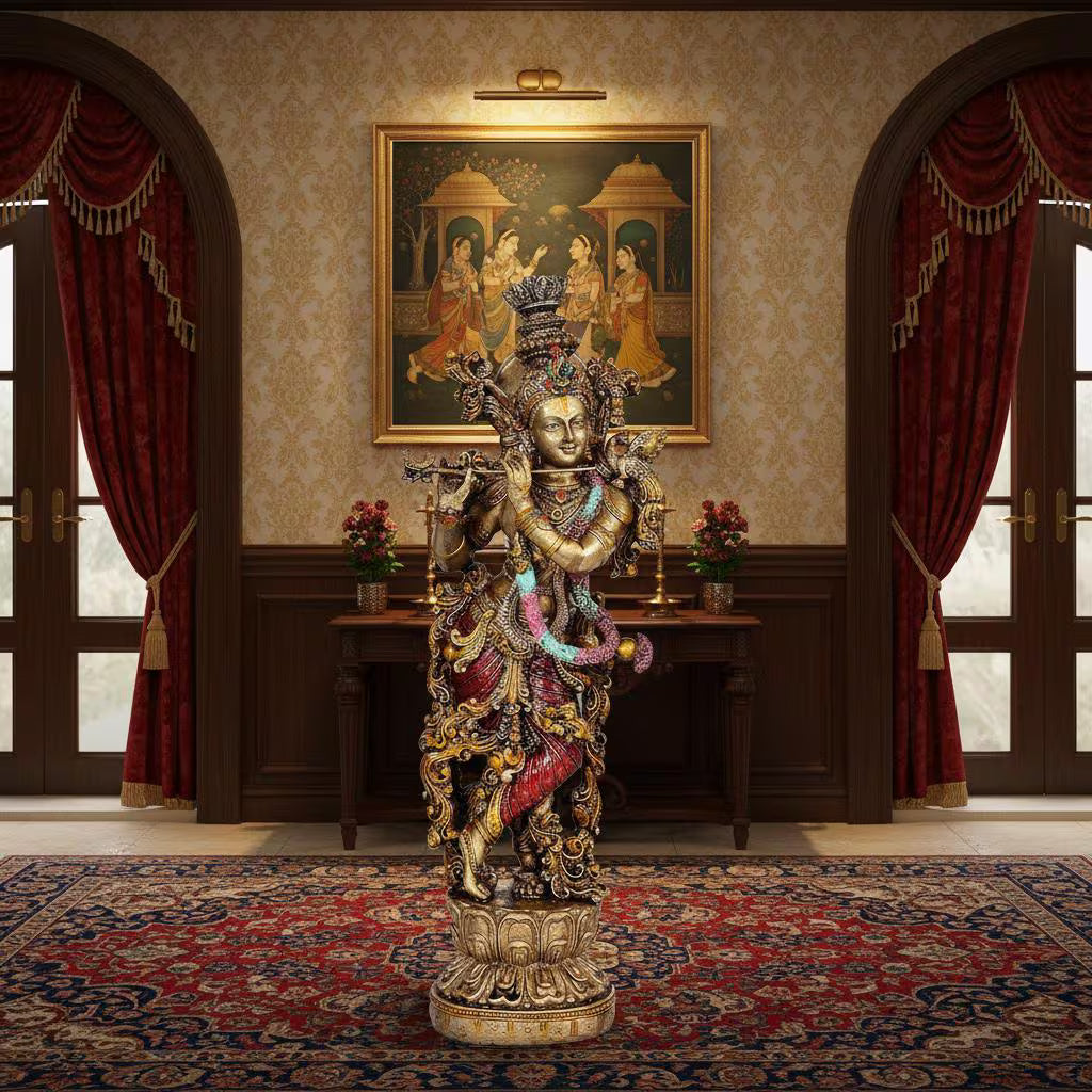 Handmade Resin Krishna Statue with Flute | Hindu God Home Temple Decor