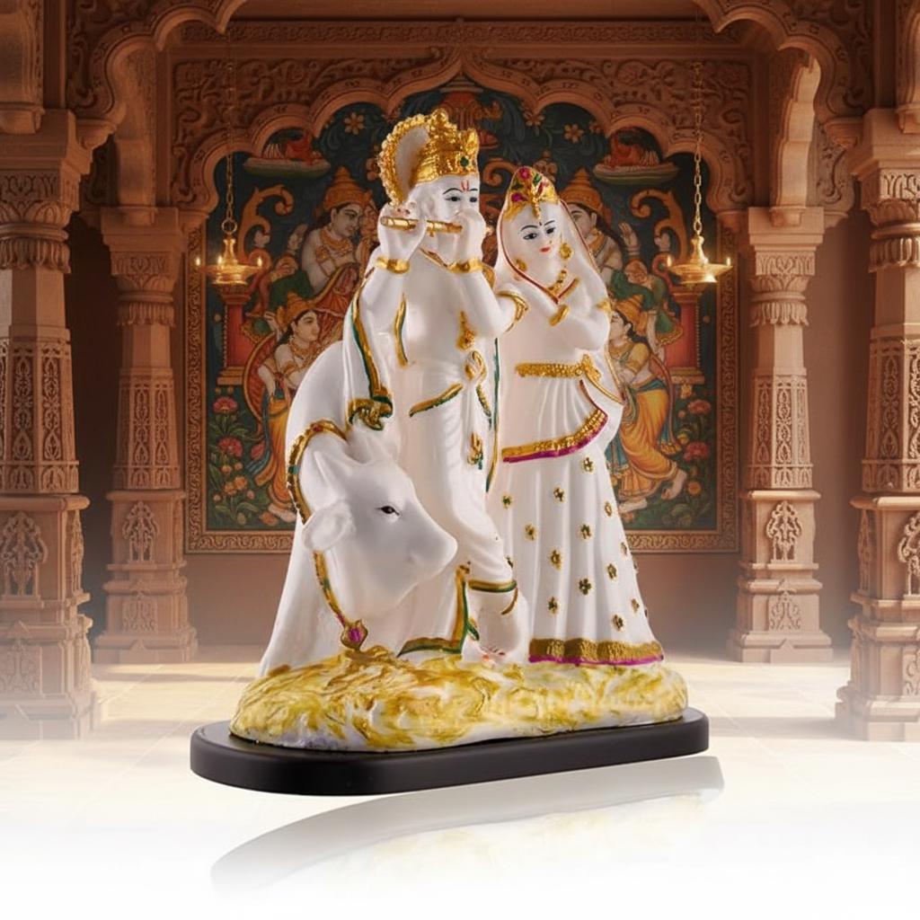 Hand-Painted White Marble Radha Krishna Idol with Cow | Hindu Pooja Murti