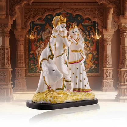 Hand-Painted White Marble Radha Krishna Idol with Cow | Hindu Pooja Murti