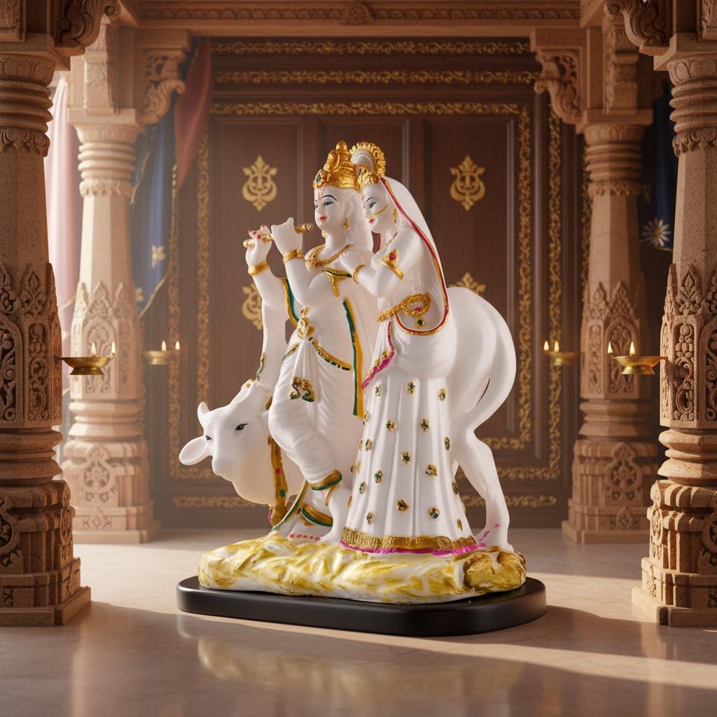 Hand-Painted White Marble Radha Krishna Idol with Cow | Hindu Pooja Murti