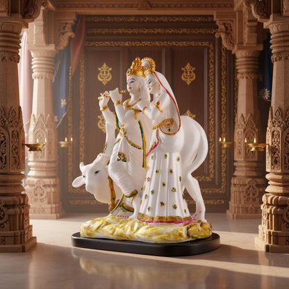 Hand-Painted White Marble Radha Krishna Idol with Cow | Hindu Pooja Murti